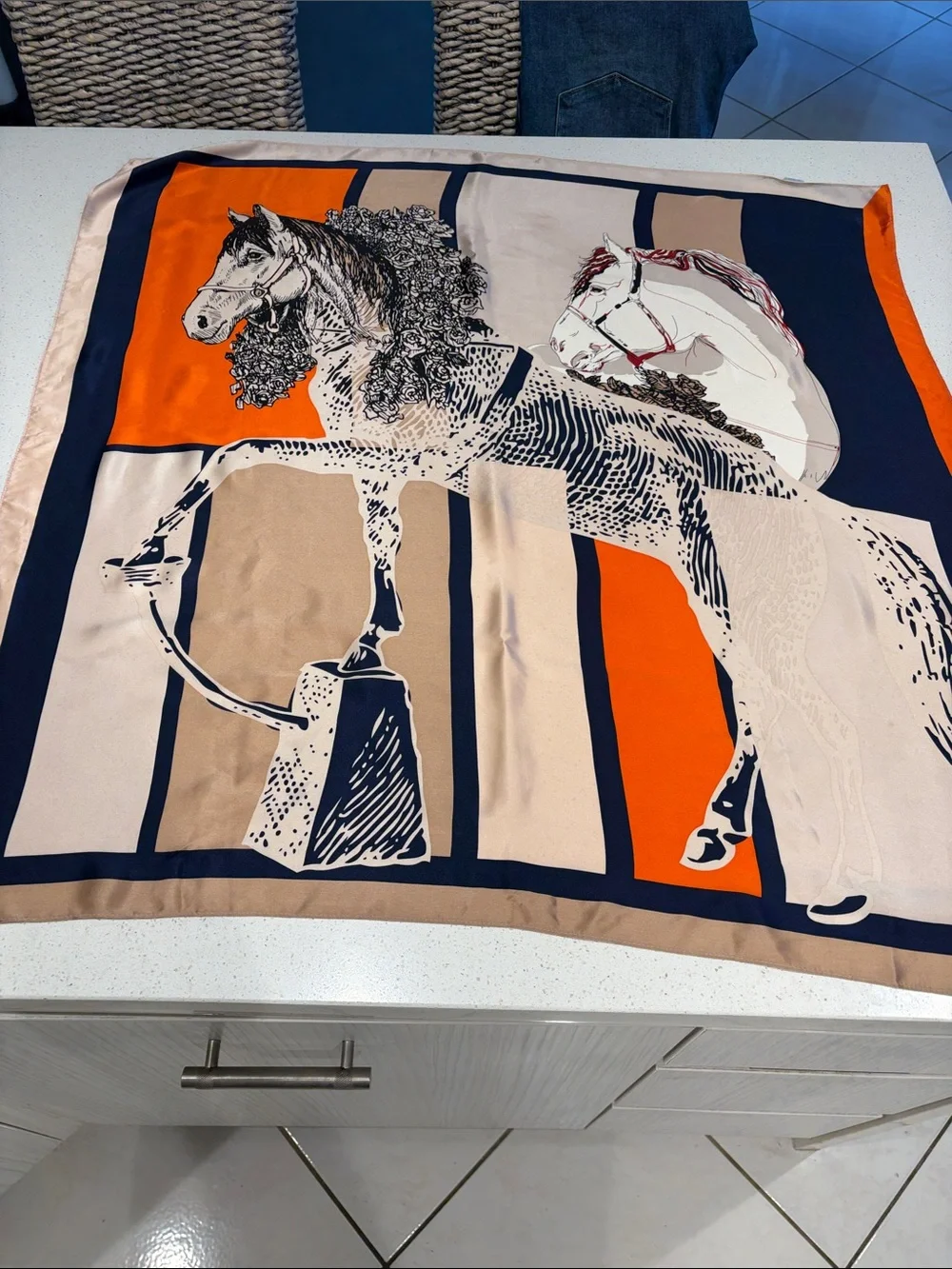 Decorative Horse Print in silk. Orange, Navy & Beige Scarf.